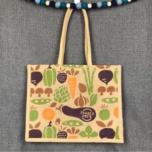 NWOT Trader Joe’s Jute Collectible Tote Waxed Interior with Cute Vegetable Motif